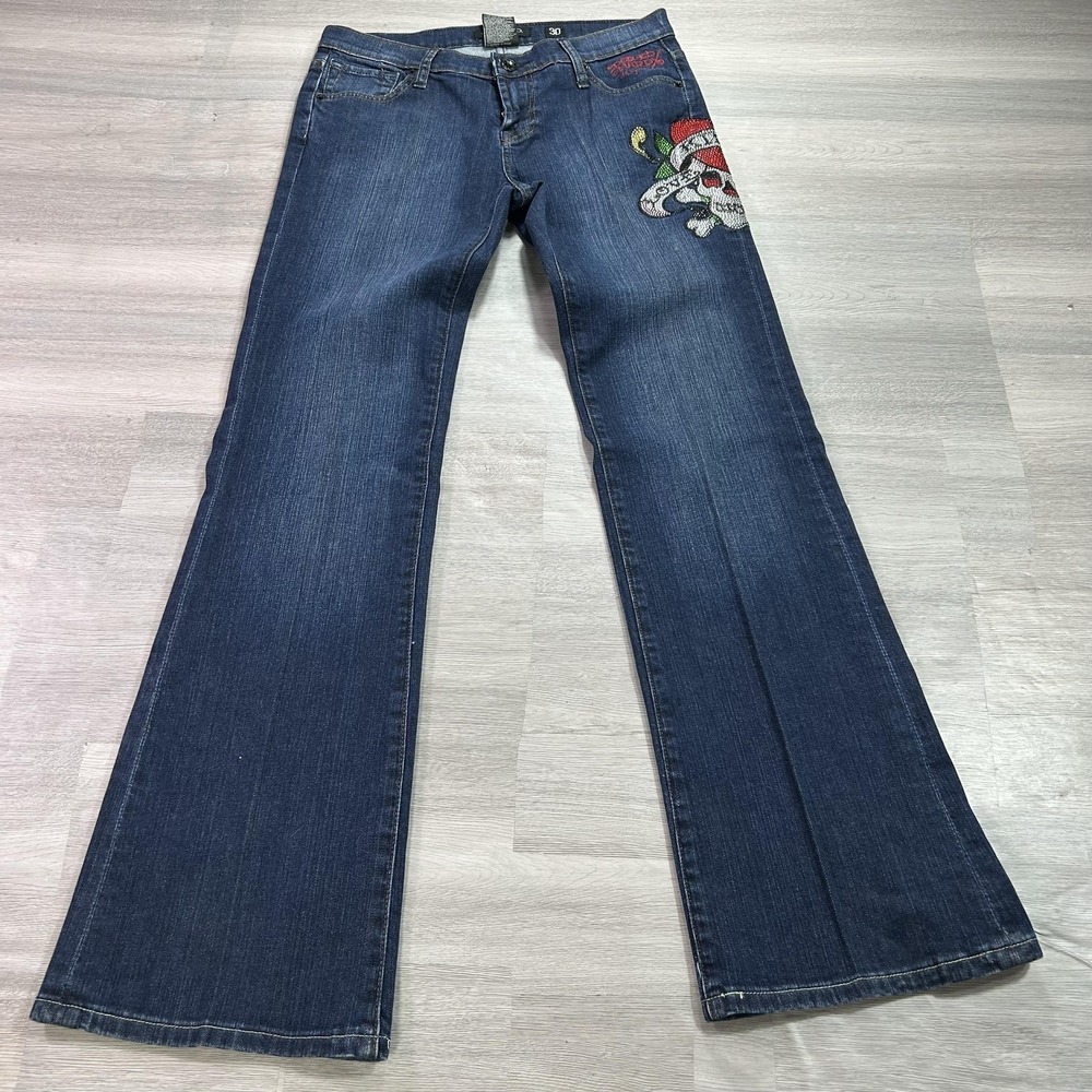 Ed Hardy Jeans Womens 30 Blue Low Rise Bootcut Rhinestone Skull Bones Love Kills